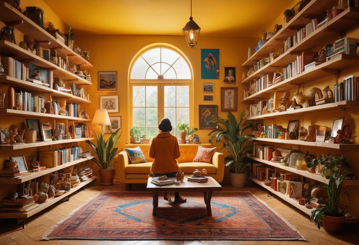 A whimsical library overflowing with colorful books and unique collectibles, showcasing a diverse range of items like vintage toys, exotic plants, and art pieces. The scene is illuminated by warm golden light, creating an inviting atmosphere. In the background, shelves are creatively arranged with labels of different themes, symbolizing a journey from inspiration to a curated catalog. The foreground features a person happily exploring the collection, reflecting joy and curiosity. vibrant colors. super-realistic.
