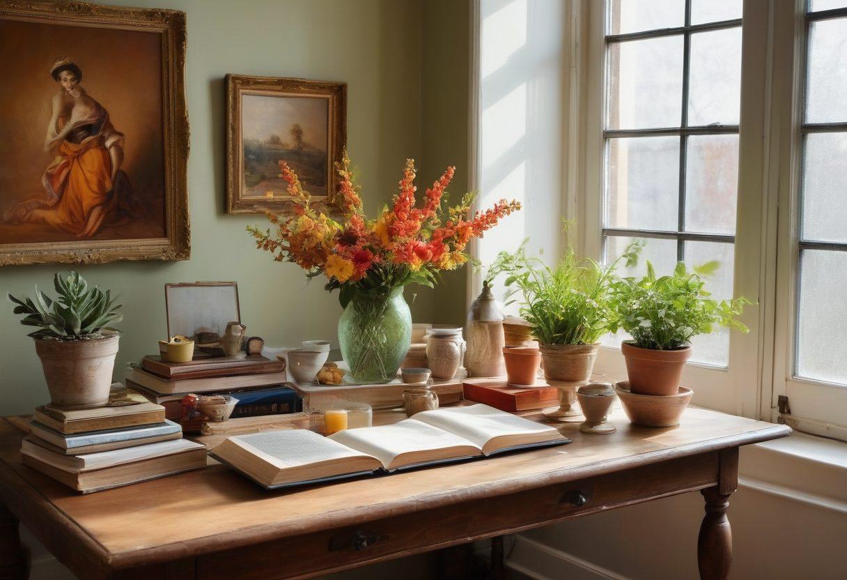 An elegant tabletop setup featuring an eclectic mix of art pieces, books, and vibrant artifacts neatly curated, radiating joy and creativity. A soft natural light filters through a window, casting warm shadows, while splashes of color from paintings and sculptures invite exploration. Include whimsical decor elements like potted plants and a vintage camera to enhance the joyful ambiance. super-realistic. vibrant colors. cozy atmosphere.