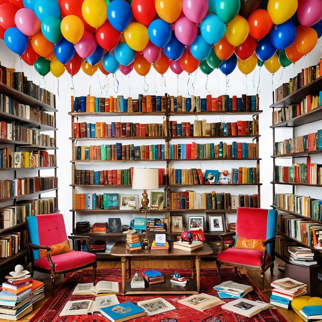 A vibrant, whimsical catalog filled with an array of colorful, exceptional collections such as rare books, unique artworks, and vintage collectibles, surrounded by joyful people curating the display, all set against a bright, cheerful backdrop with balloons and decorative elements. super-realistic. vibrant colors. white background.